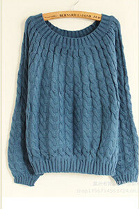 Sweater Classic Women Sleeve Pure Thick Solid O-Neck - Blue