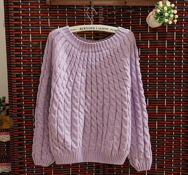 Sweater Classic Women Sleeve Pure Thick Solid O-Neck - Purple