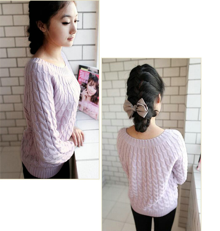 Sweater Classic Women Sleeve Pure Thick Solid O-Neck - Purple