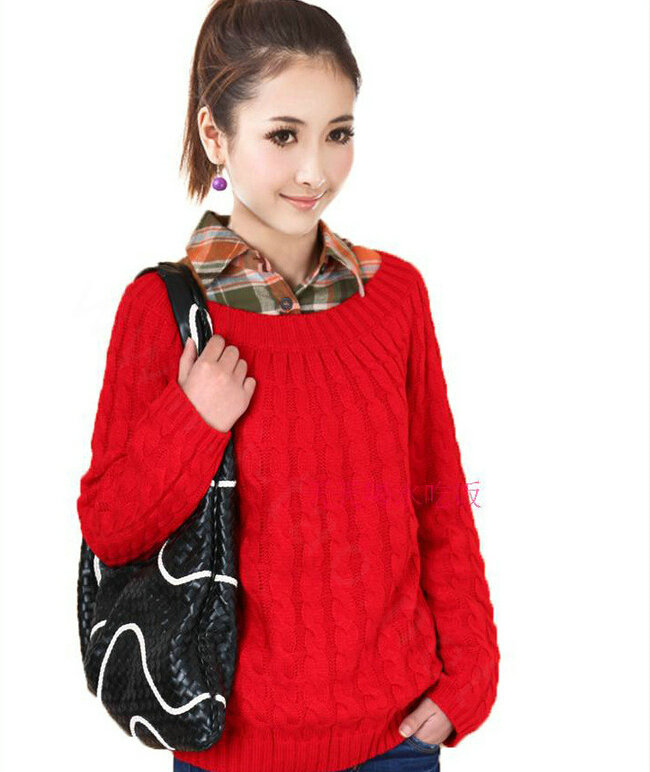 Sweater Classic Women Sleeve Pure Thick Solid O-Neck - Red