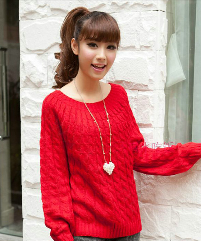 Sweater Classic Women Sleeve Pure Thick Solid O-Neck - Red
