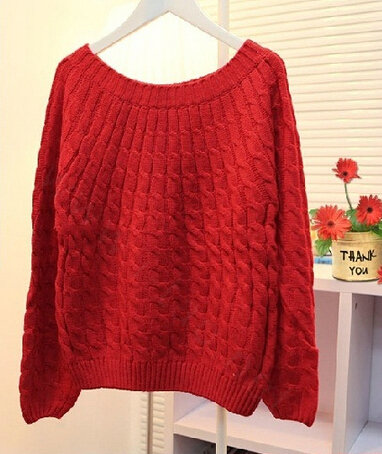 Sweater Classic Women Sleeve Pure Thick Solid O-Neck - Red