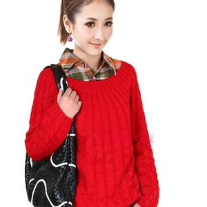 Sweater Classic Women Sleeve Pure Thick Solid O-Neck - Red