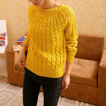 Sweater Classic Women Sleeve Pure Thick Solid O-Neck - Yellow