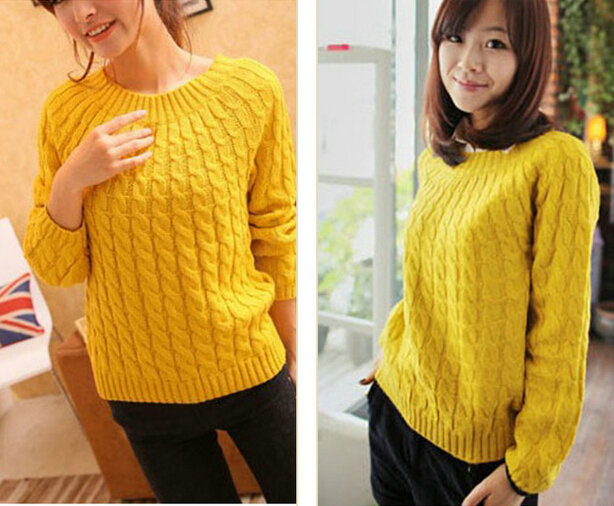 Sweater Classic Women Sleeve Pure Thick Solid O-Neck - Yellow