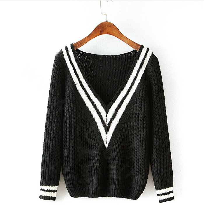 Sweater Deep V Collar Cotton Striped Knitted Female Burst Models - Black