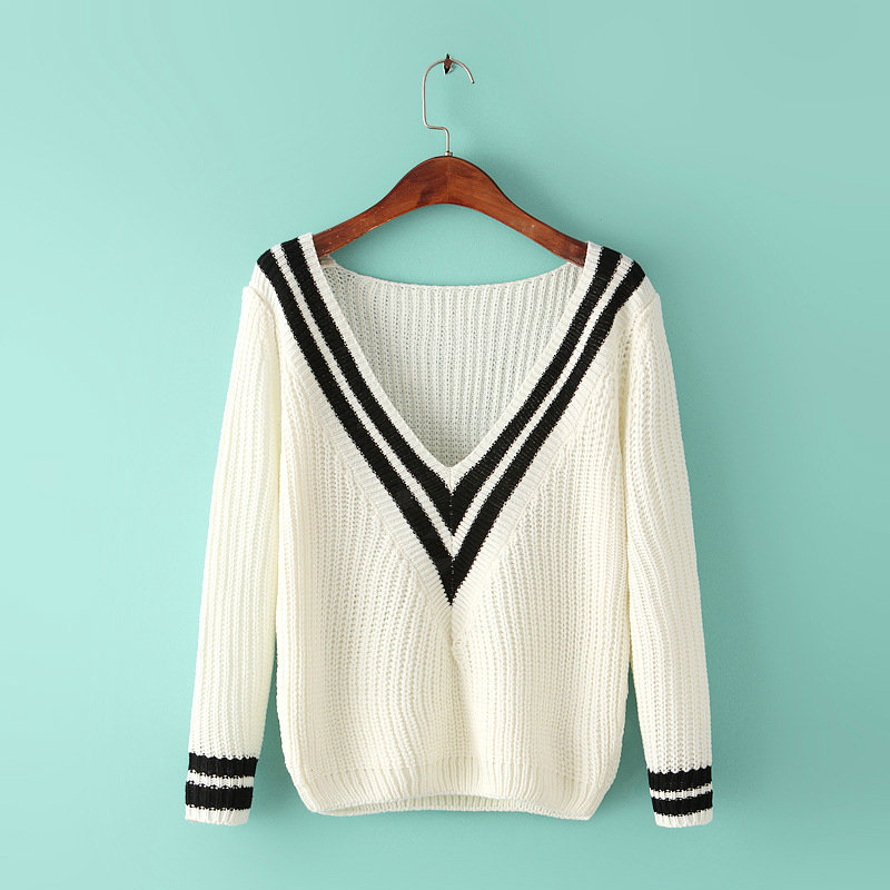 Sweater Deep V Collar Cotton Striped Knitted Female Burst Models - White