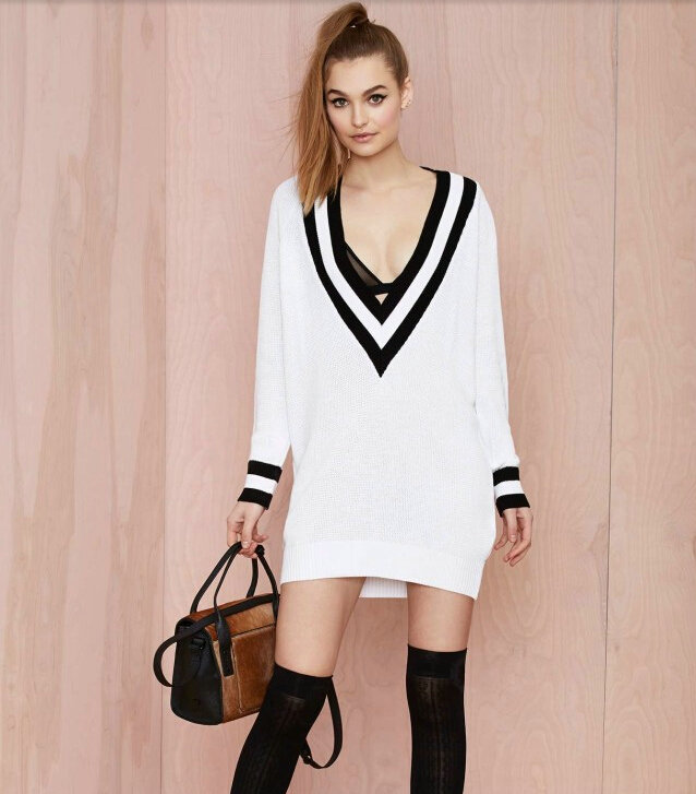 Sweater Deep V Collar Cotton Striped Knitted Female Burst Models - White
