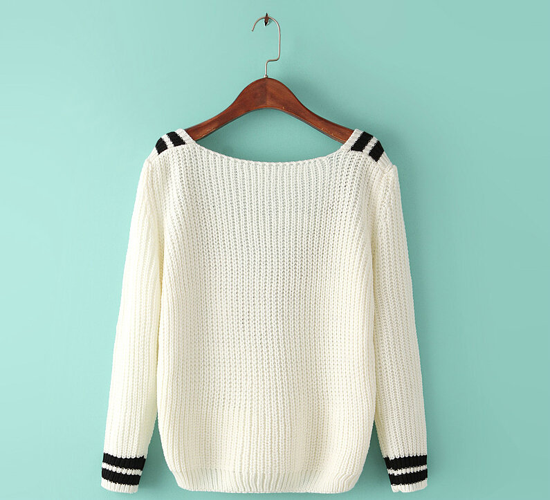 Sweater Deep V Collar Cotton Striped Knitted Female Burst Models - White