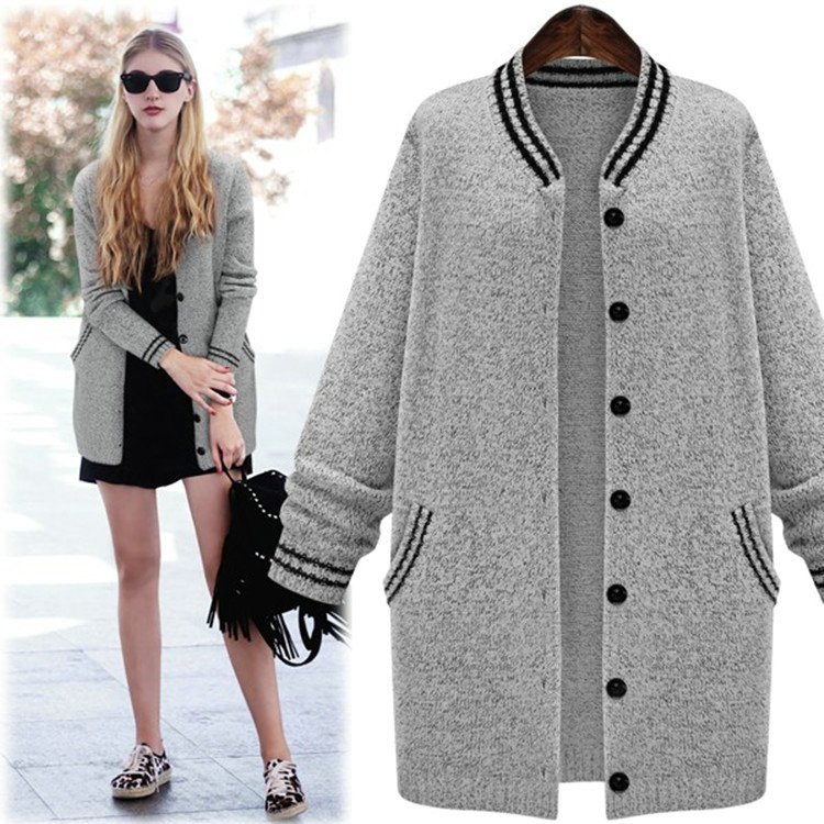 Sweater Fashion Women Pockets Single Breasted Long Sleeved Knit - Grey