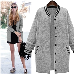 Sweater Fashion Women Pockets Single Breasted Long Sleeved Knit - Grey