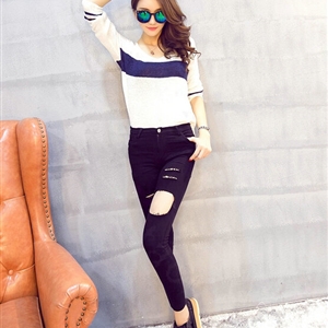 Sweater Female Flat Knitted Striped V Sleeve Slim Shirt - White