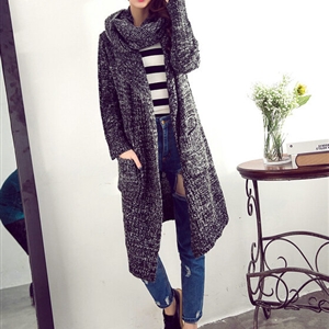 Sweater Girl Thick Warm Cardigan Flat Knitted Collar Fashion Long Burst - Black