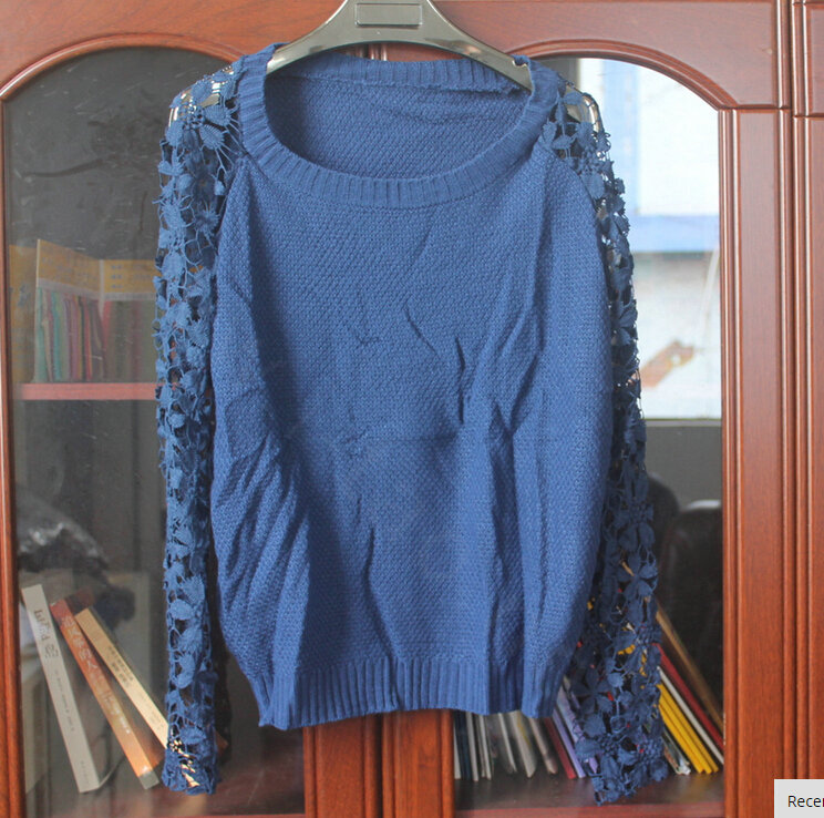 Sweater Lace Sleeves Stitching Women Patchwork Flowers - Blue