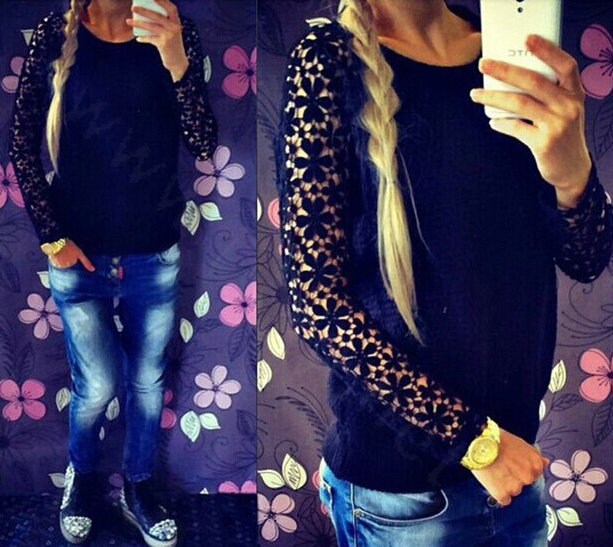 Sweater Lace Sleeves Stitching Women Patchwork Flowers - Blue