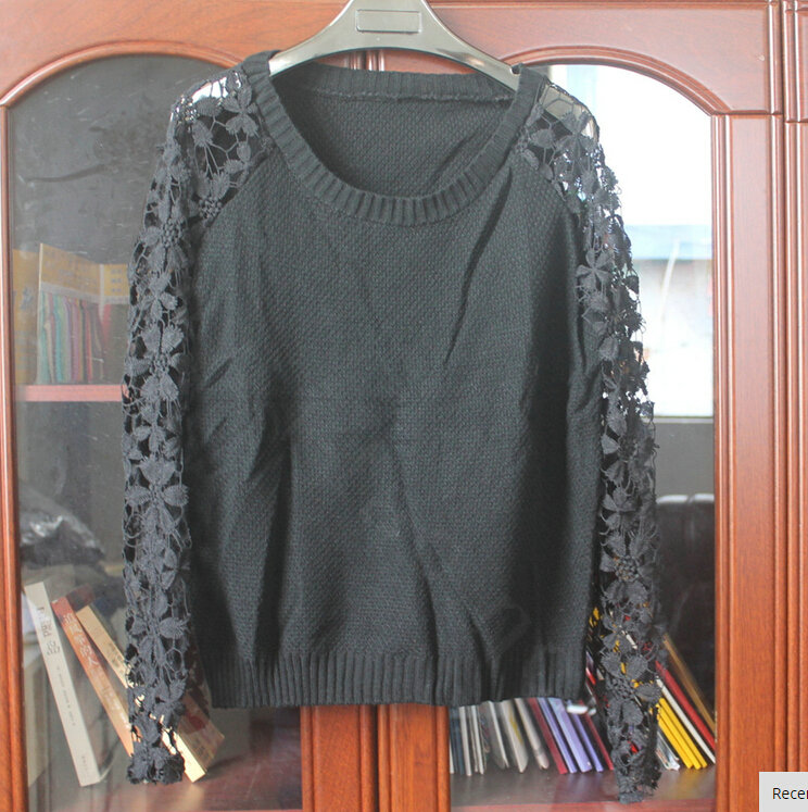 Sweater Lace Sleeves Stitching Women Patchwork Flowers - Grey