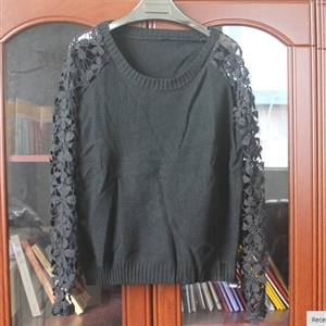 Sweater Lace Sleeves Stitching Women Patchwork Flowers - Grey