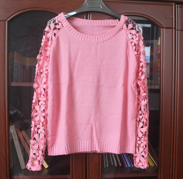 Sweater Lace Sleeves Stitching Women Patchwork Flowers - Pink