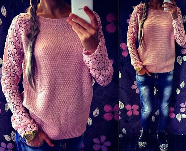 Sweater Lace Sleeves Stitching Women Patchwork Flowers - Pink
