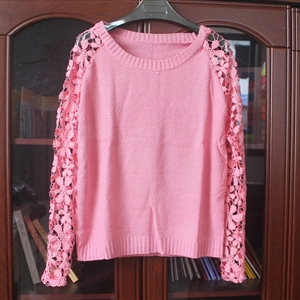 Sweater Lace Sleeves Stitching Women Patchwork Flowers - Pink