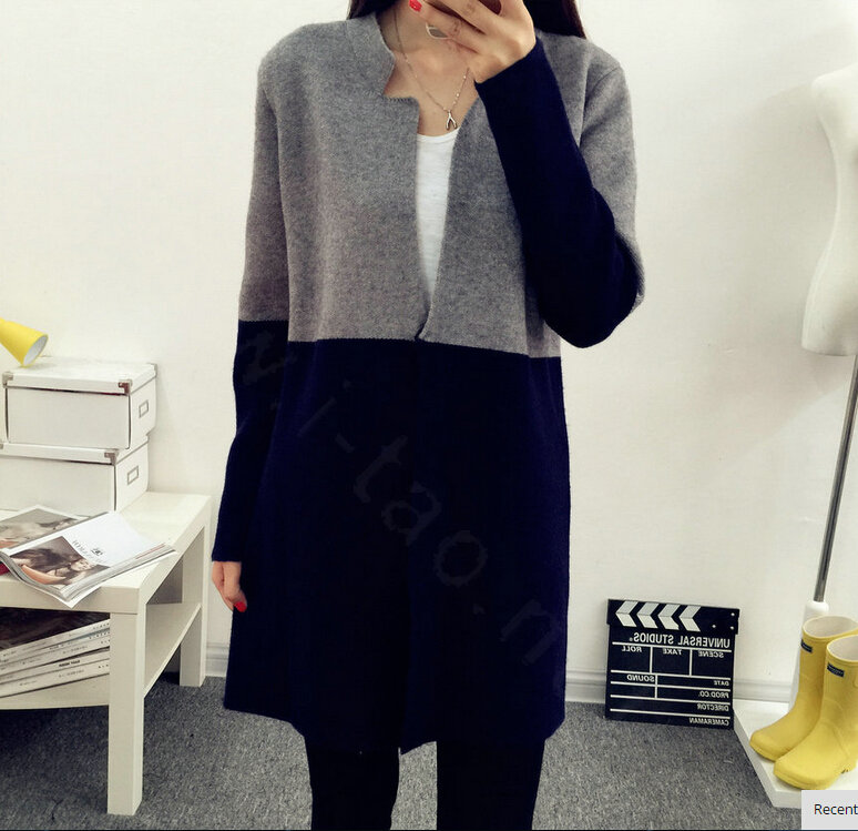 Sweater Mandarin Collar Stitching Color Slim Long Paragraph Girl - Black