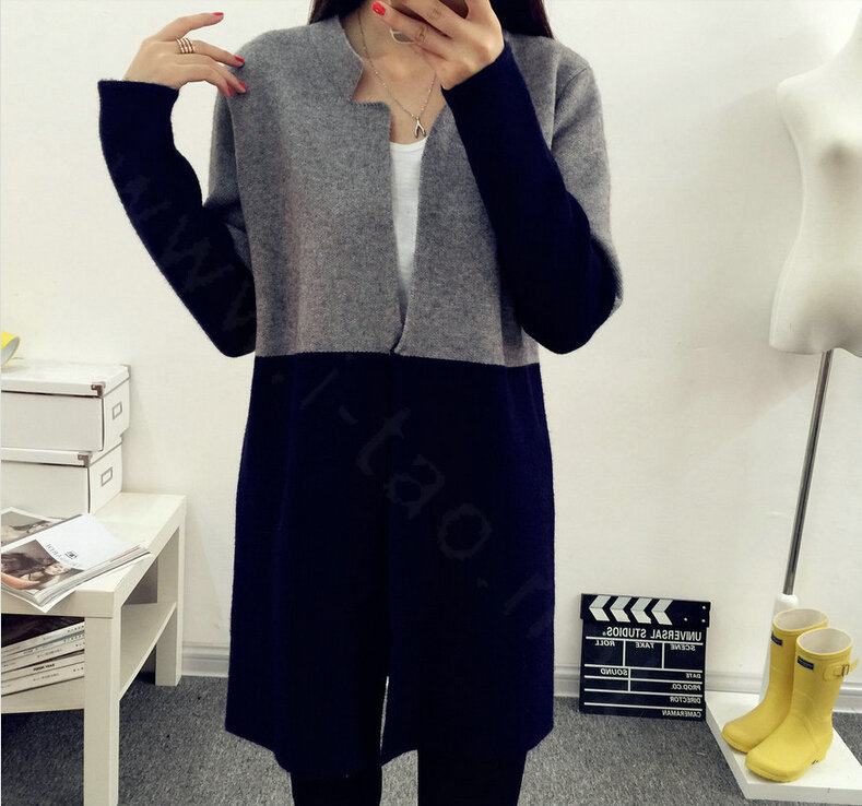 Sweater Mandarin Collar Stitching Color Slim Long Paragraph Girl - Black