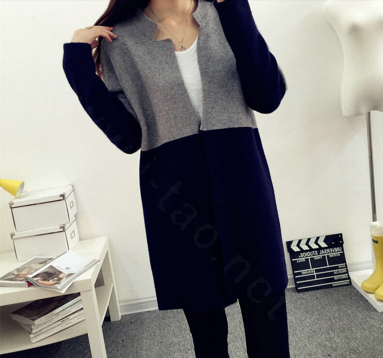 Sweater Mandarin Collar Stitching Color Slim Long Paragraph Girl - Black