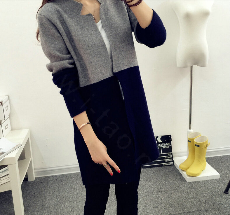 Sweater Mandarin Collar Stitching Color Slim Long Paragraph Girl - Black