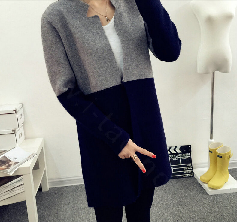 Sweater Mandarin Collar Stitching Color Slim Long Paragraph Girl - Black