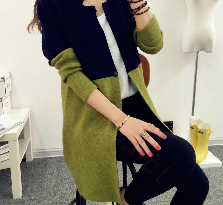 Sweater Mandarin Collar Stitching Color Slim Long Paragraph Girl - Green