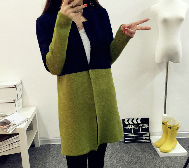 Sweater Mandarin Collar Stitching Color Slim Long Paragraph Girl - Green