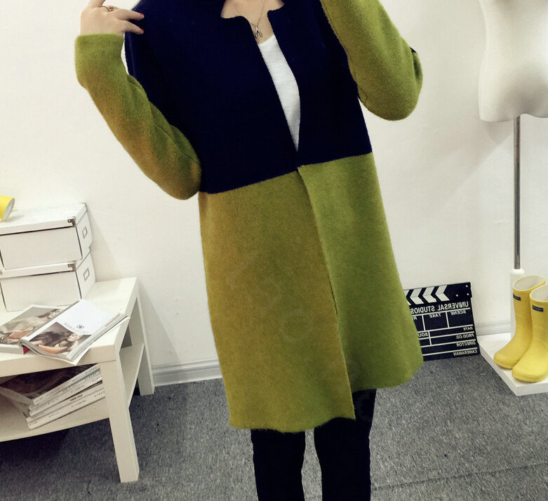 Sweater Mandarin Collar Stitching Color Slim Long Paragraph Girl - Green