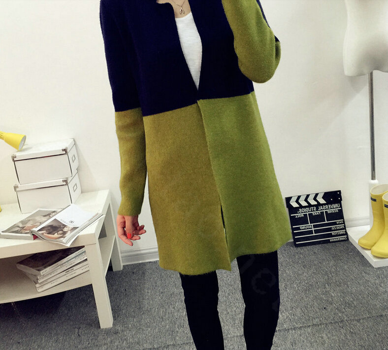 Sweater Mandarin Collar Stitching Color Slim Long Paragraph Girl - Green