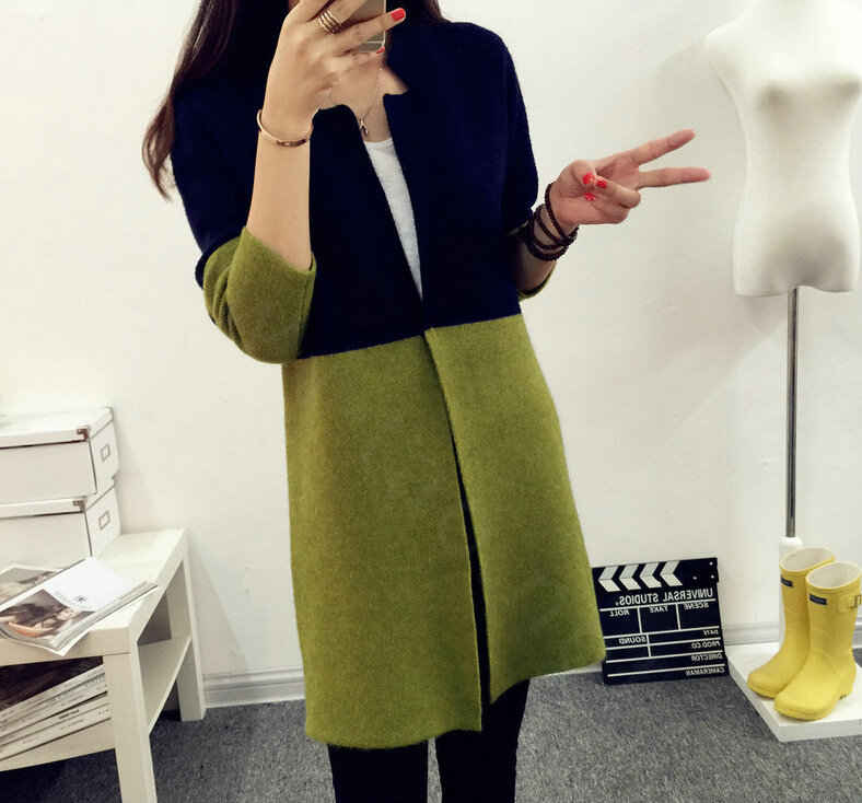 Sweater Mandarin Collar Stitching Color Slim Long Paragraph Girl - Green