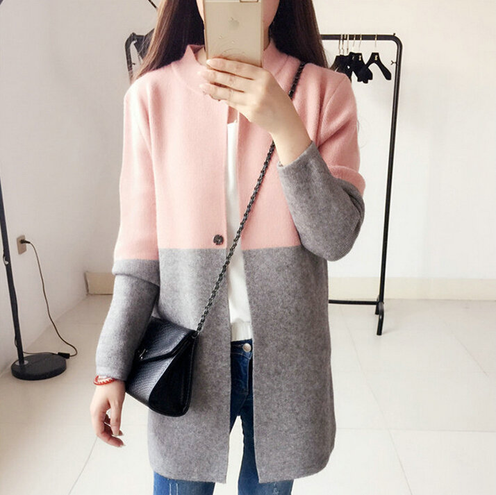 Sweater Mandarin Collar Stitching Color Slim Long Paragraph Girl - Pink