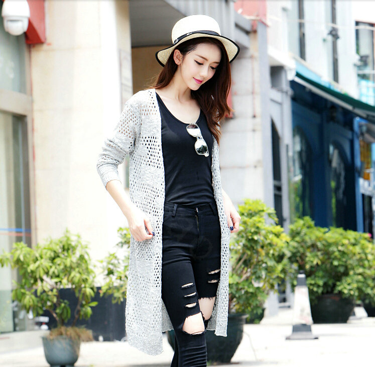 Sweater Solid Pocket Size V-Neck Long Hollow Ladies Knitted Cardigan Coat - Grey