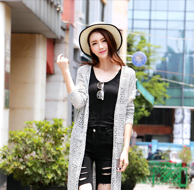 Sweater Solid Pocket Size V-Neck Long Hollow Ladies Knitted Cardigan Coat - Grey