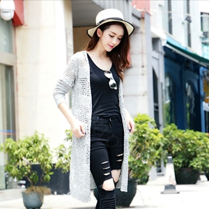 Sweater Solid Pocket Size V-Neck Long Hollow Ladies Knitted Cardigan Coat - Grey