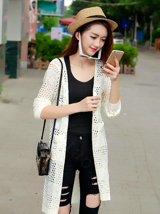 Sweater Solid Pocket Size V-Neck Long Hollow Ladies Knitted Cardigan Coat - White