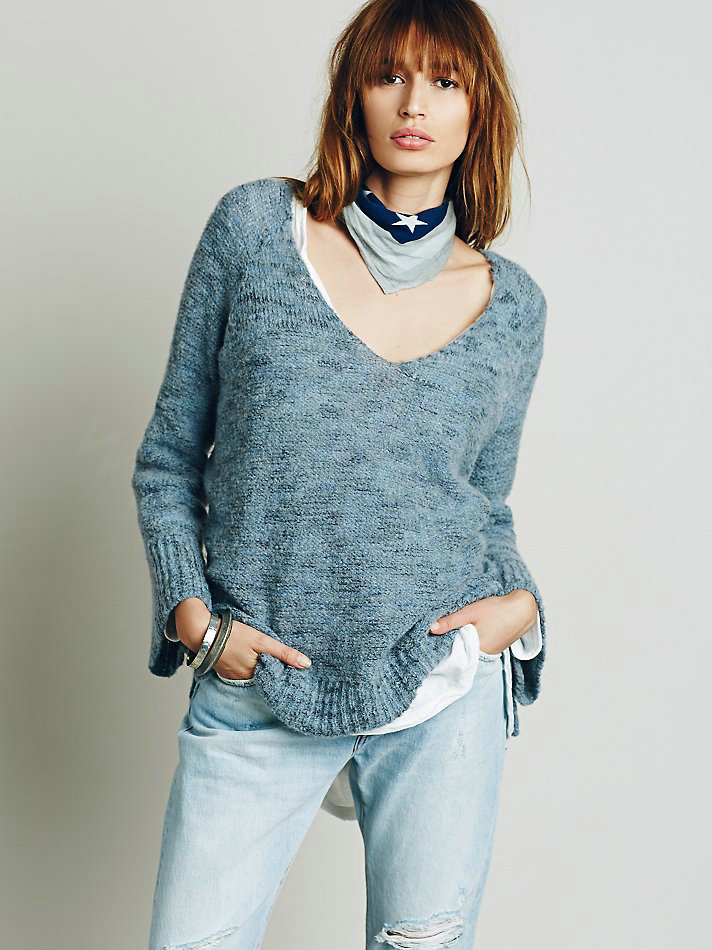 Sweater Solid Women V Collar Shoulder Sleeve Long Loose Fitting - Blue