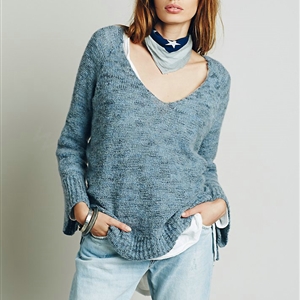 Sweater Solid Women V Collar Shoulder Sleeve Long Loose Fitting - Blue