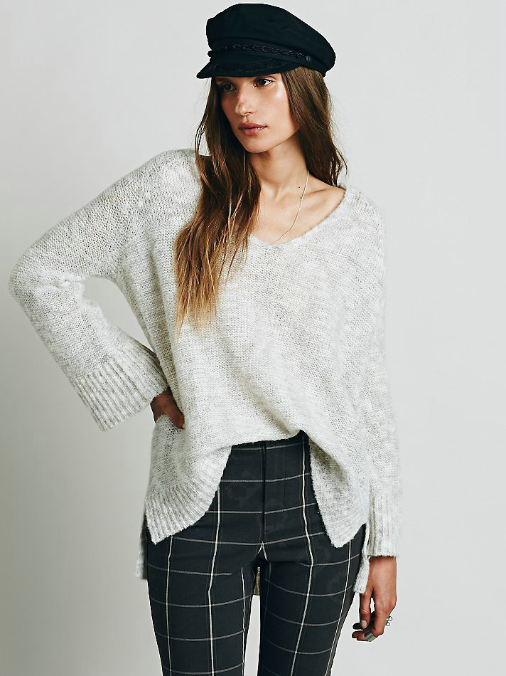Sweater Solid Women V Collar Shoulder Sleeve Long Loose Fitting - White