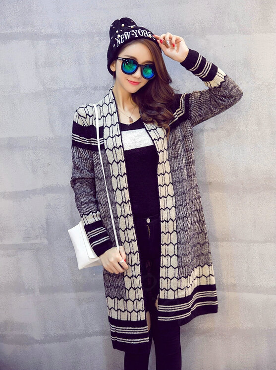 Sweater Temperament Ladies Cardigan Coat Long Open Stitch Flat Knitted Fashion - Black