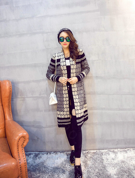 Sweater Temperament Ladies Cardigan Coat Long Open Stitch Flat Knitted Fashion - Black
