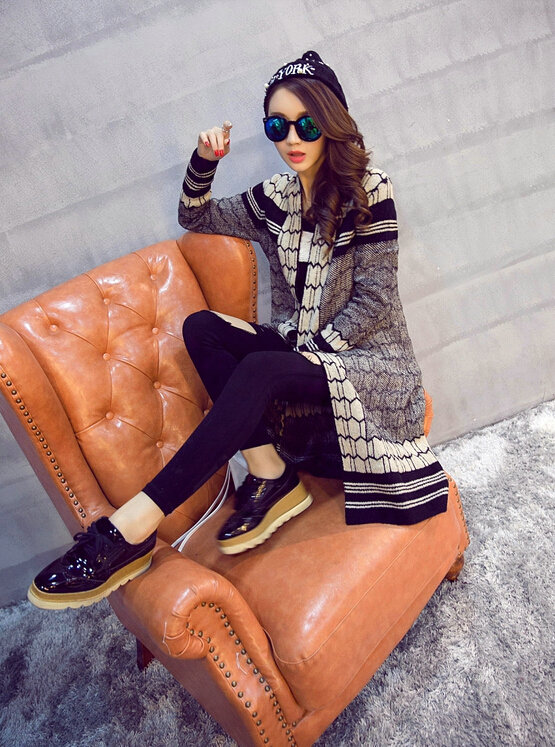 Sweater Temperament Ladies Cardigan Coat Long Open Stitch Flat Knitted Fashion - Black