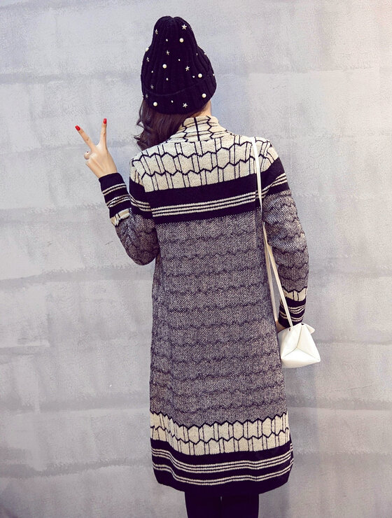 Sweater Temperament Ladies Cardigan Coat Long Open Stitch Flat Knitted Fashion - Black