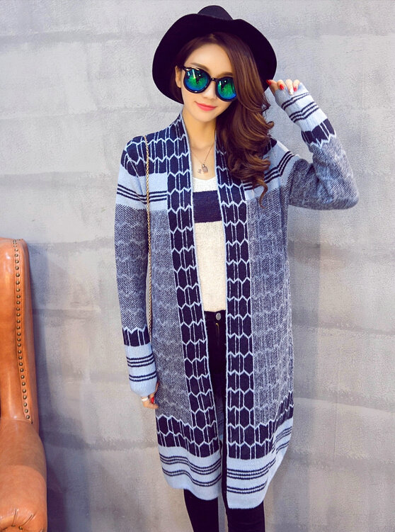 Sweater Temperament Ladies Cardigan Coat Long Open Stitch Flat Knitted Fashion - Blue