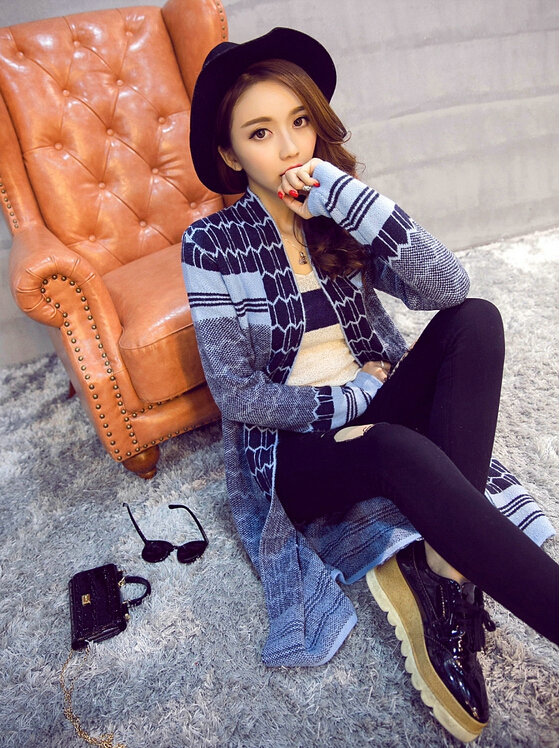 Sweater Temperament Ladies Cardigan Coat Long Open Stitch Flat Knitted Fashion - Blue