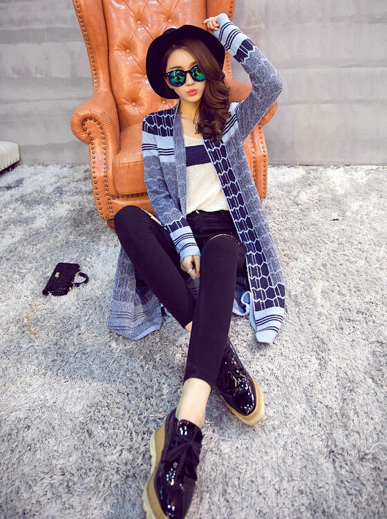 Sweater Temperament Ladies Cardigan Coat Long Open Stitch Flat Knitted Fashion - Blue