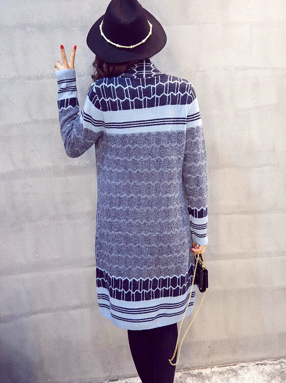 Sweater Temperament Ladies Cardigan Coat Long Open Stitch Flat Knitted Fashion - Blue